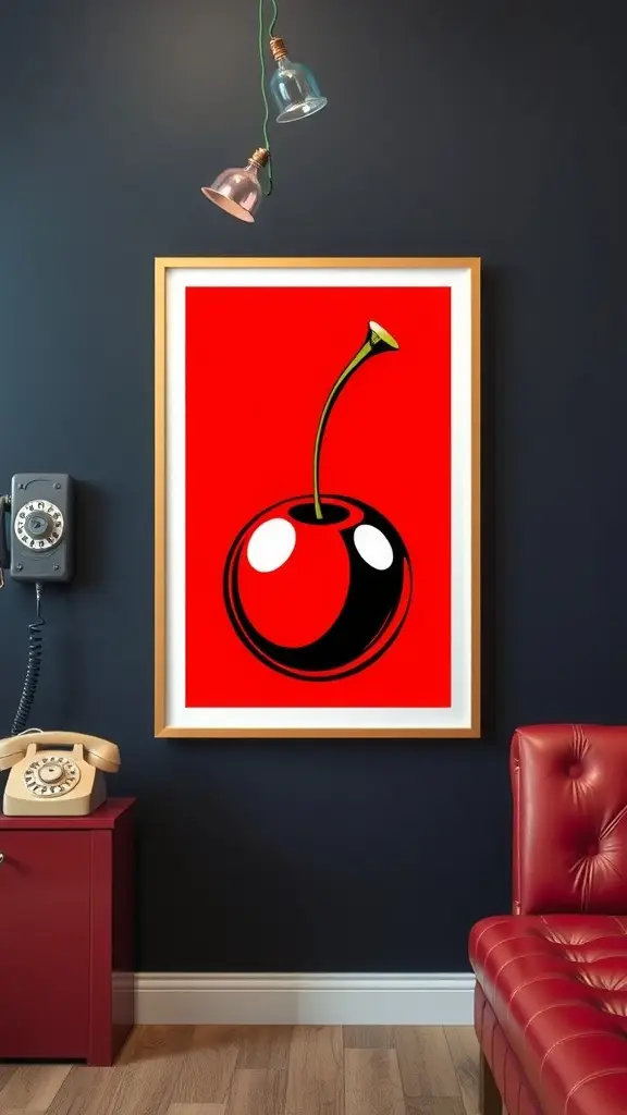 A retro setting featuring a rotary phone, a red bench, and a floating cherry against a navy wall.