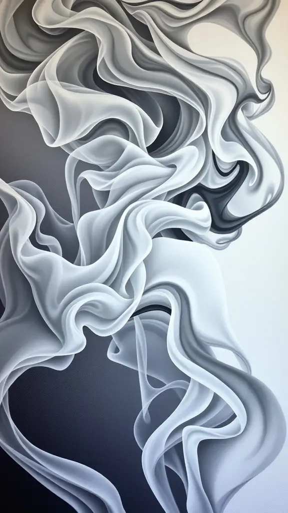 Abstract wall art featuring swirling patterns resembling smoke in shades of gray and white.