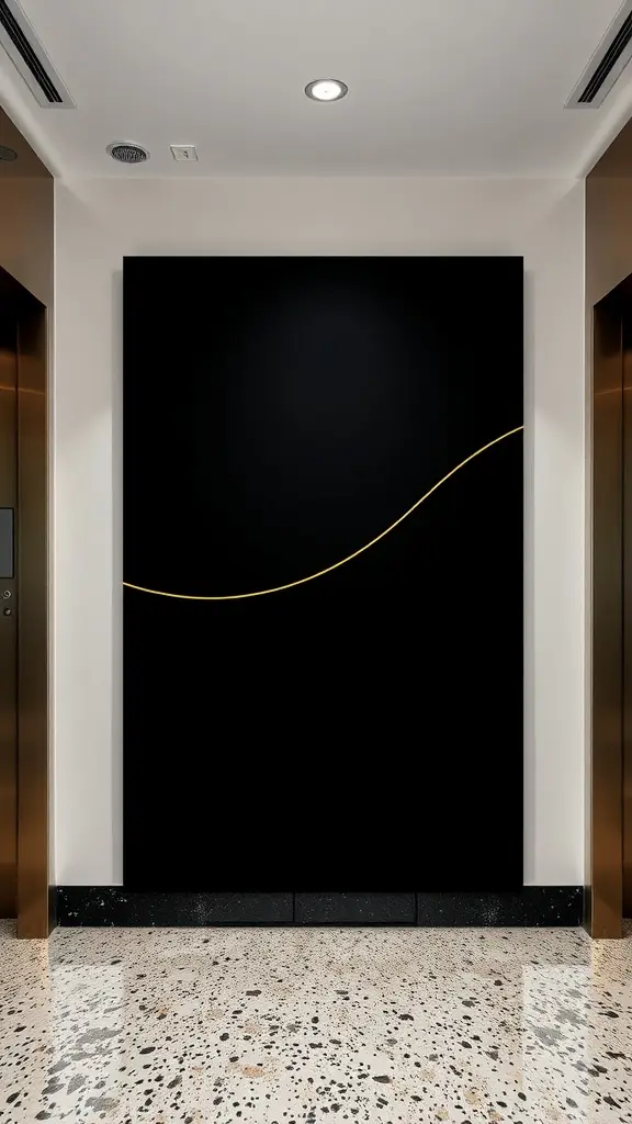 A minimalist wall art piece featuring a black background with a golden line.