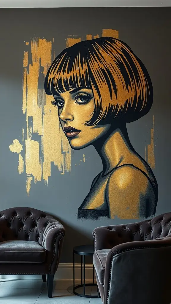 A striking wall art piece featuring a woman with a bob haircut in gold tones against a gray background.