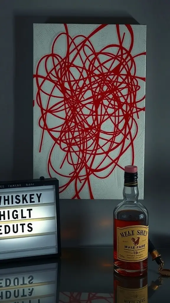 A bottle of whiskey next to illuminated signs tangled with red lines.