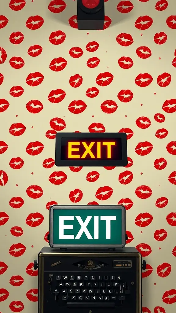 Wall art featuring red lips on a beige background, two EXIT signs, and a vintage typewriter.