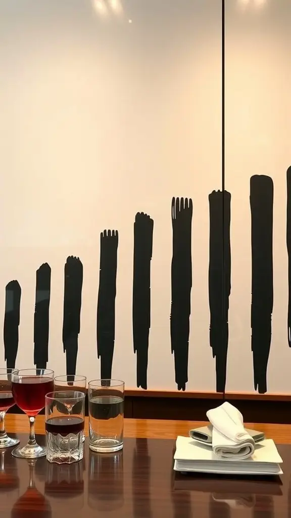 Abstract black strokes on a light background, displayed in a boardroom setting with drinks and tableware