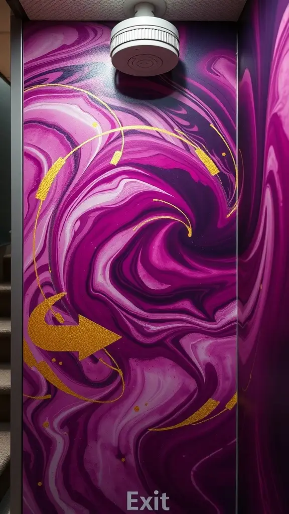 Abstract wall art with swirling purple patterns and a gold arrow indicating exit
