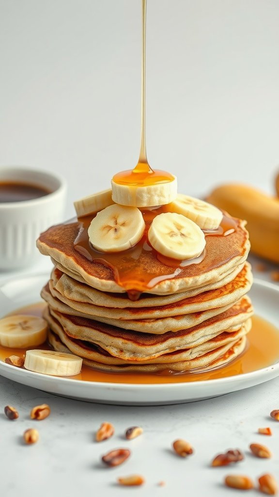 A stack of banana nut pancakes topped with banana slices and honey drizzle.