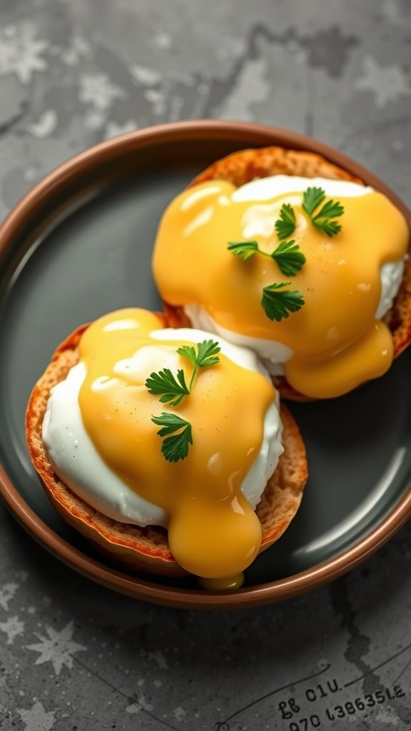 Eggs Benedict with Hollandaise Sauce on a plate