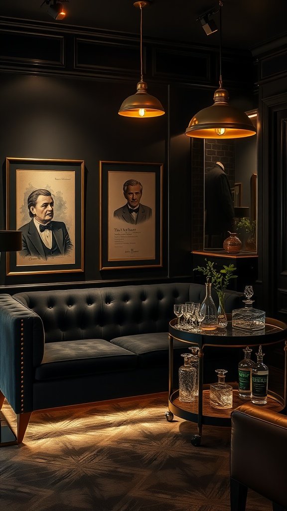 A vintage living room with a charcoal suede couch, a bar cart with crystal glasses, and portraits on the walls.