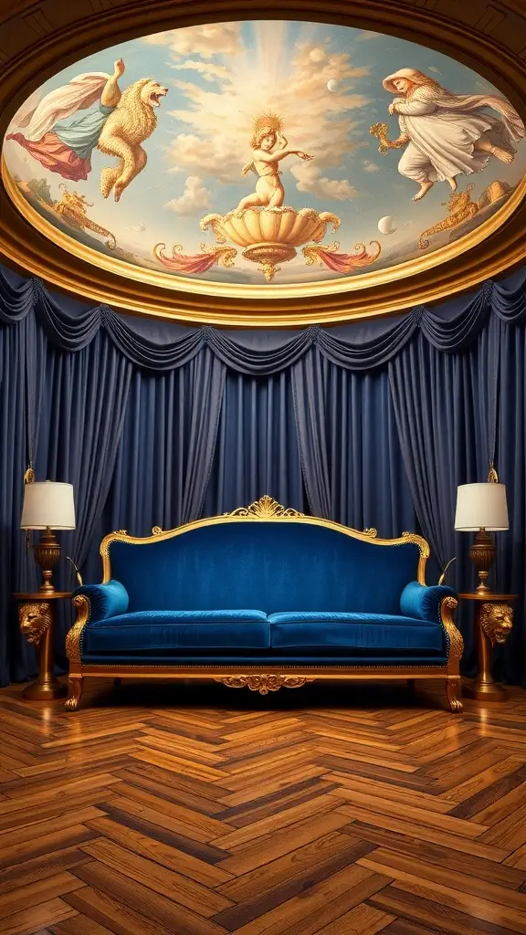 A luxurious couch with a sapphire blue fabric and a gilded frame, set against an elegant backdrop with dark wood flooring and dramatic curtains.
