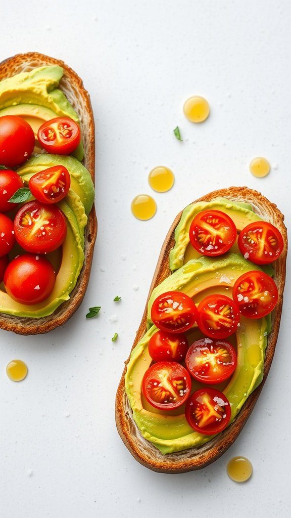 Avocado toast topped with cherry tomatoes on a white background