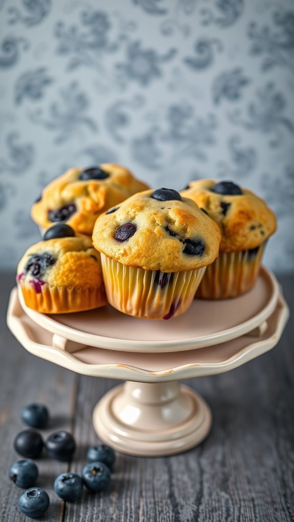 A plate of freshly baked blueberry muffins on a wooden table.