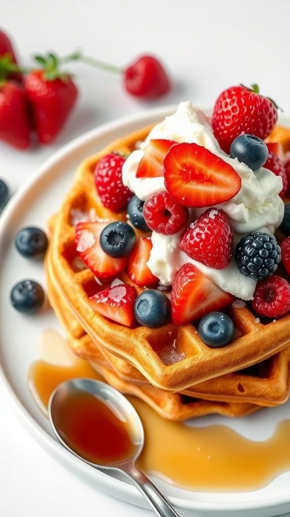 A plate of classic waffles topped with fresh berries and whipped cream, served with maple syrup.