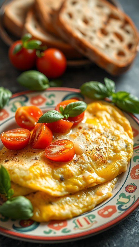 A creamy tomato and basil omelette served with fresh tomatoes and basil leaves on a colorful plate.