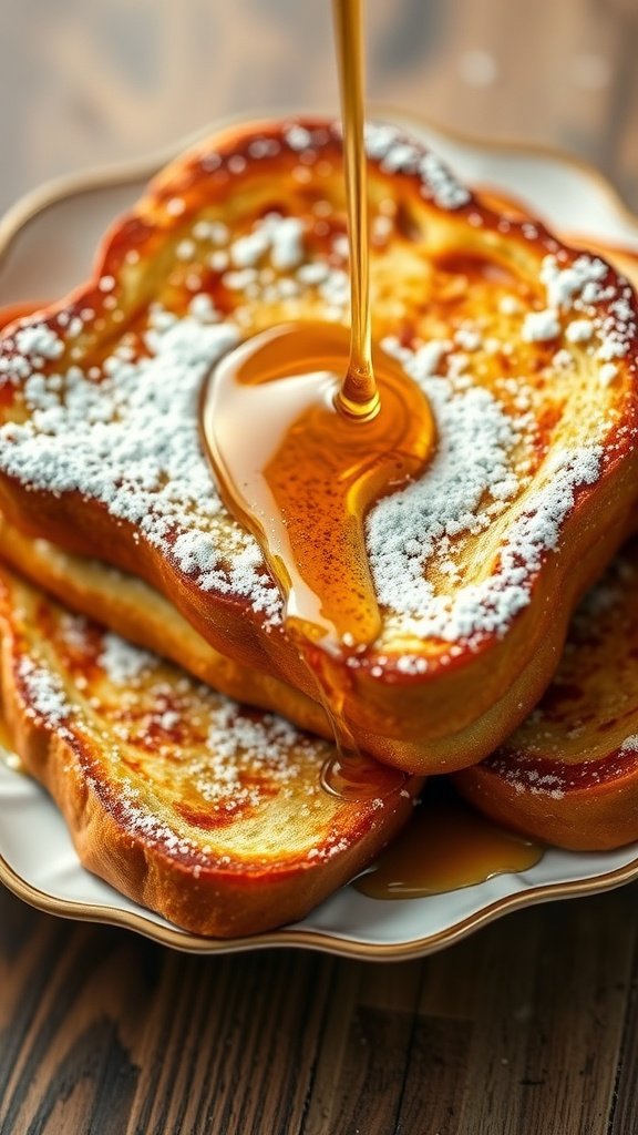 Delicious French toast topped with maple syrup and powdered sugar