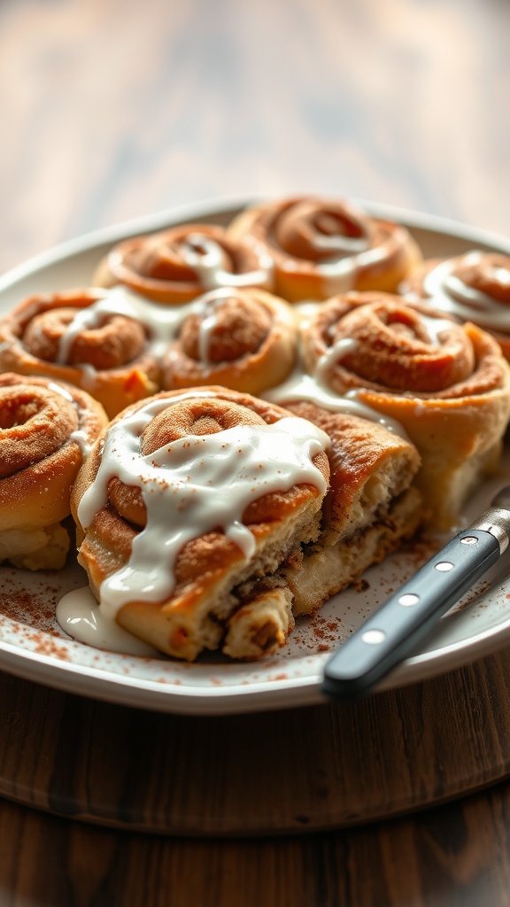 A delicious cinnamon roll casserole topped with icing and sprinkled with cinnamon.