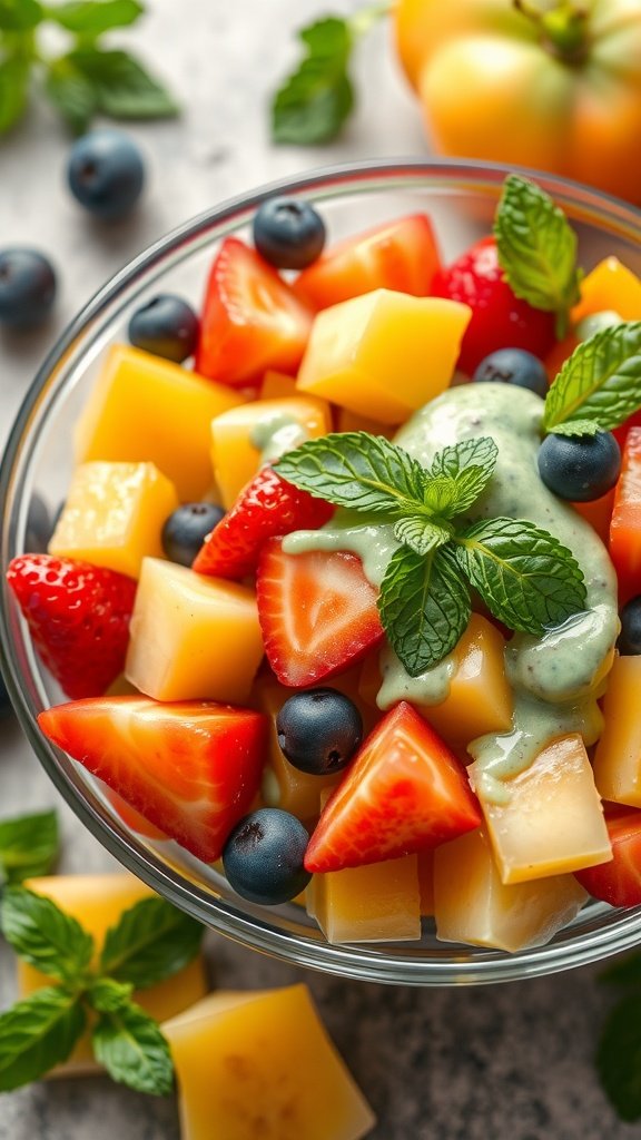 A colorful fruit salad featuring strawberries, blueberries, and melons, topped with a mint dressing.