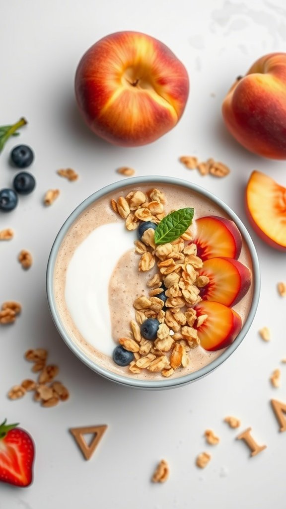 A Peach Melba Smoothie Bowl topped with granola, peach slices, and berries, surrounded by fresh peaches.