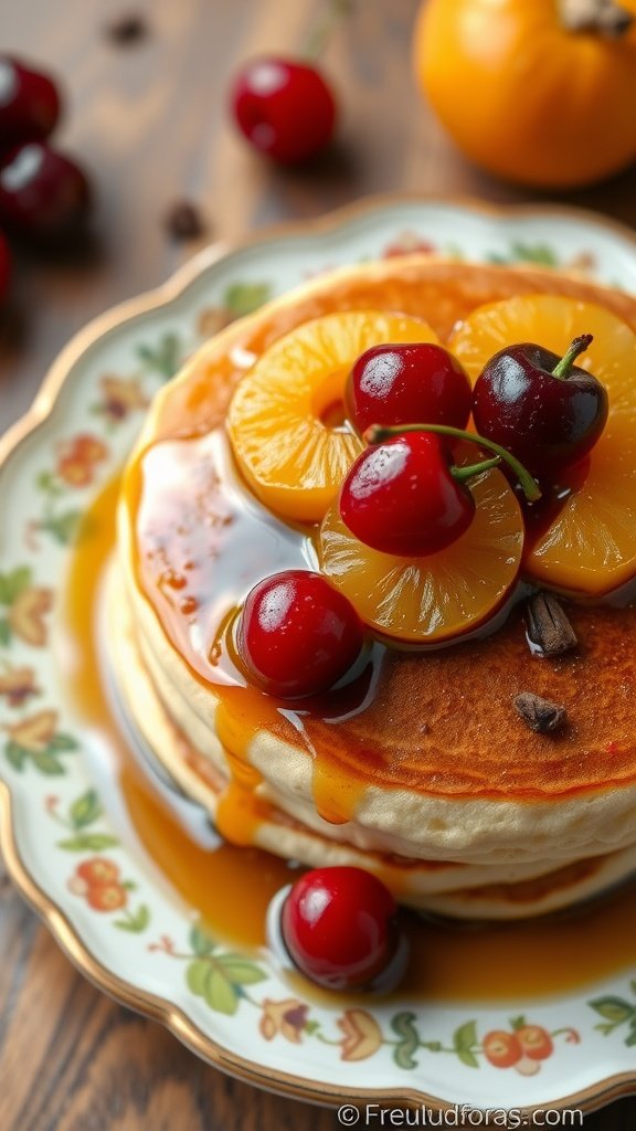 Pineapple Upside-Down Pancakes topped with cherries and syrup on a decorative plate.