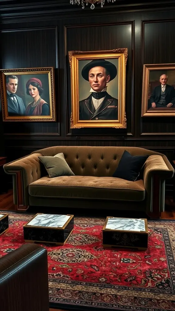 A stylish velvet onyx couch in a sophisticated lounge setting, adorned with vintage portraits and elegant decor.