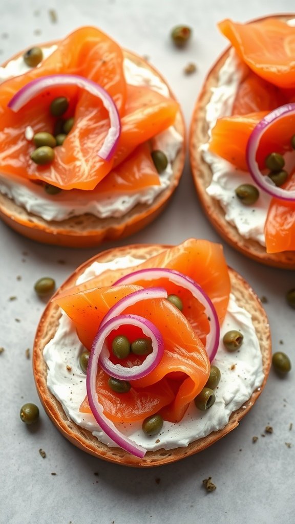 Smoked salmon and cream cheese bagels topped with capers and red onions.
