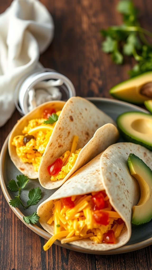 Breakfast burritos filled with scrambled eggs, cheese, and salsa on a plate.