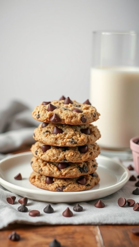 A stack of chocolate chip oatmeal cookies on a plate with a glass of milk in the background.