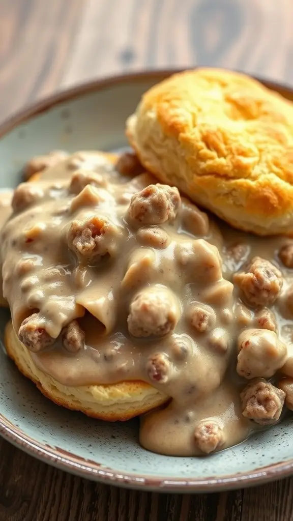 A plate of Southern biscuits topped with creamy sausage gravy.
