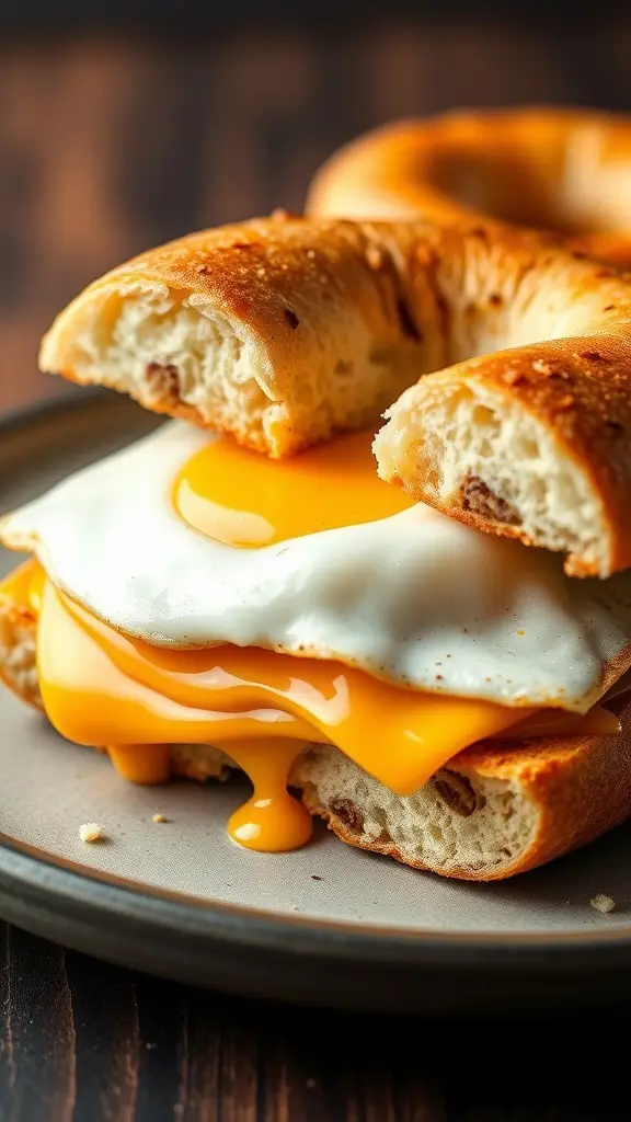 A delicious egg and cheese breakfast sandwich with a runny yolk and melted cheese.