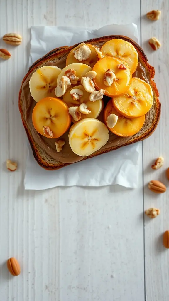 A slice of toast topped with caramelized banana and nut butter, garnished with chopped nuts.
