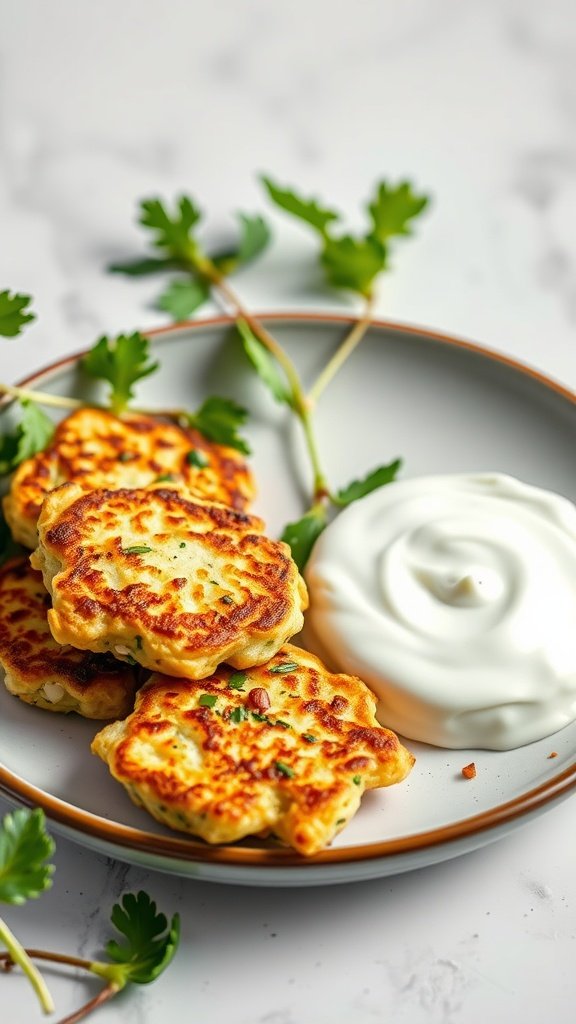 Plate of zucchini fritters with a side of yogurt dip and fresh herbs