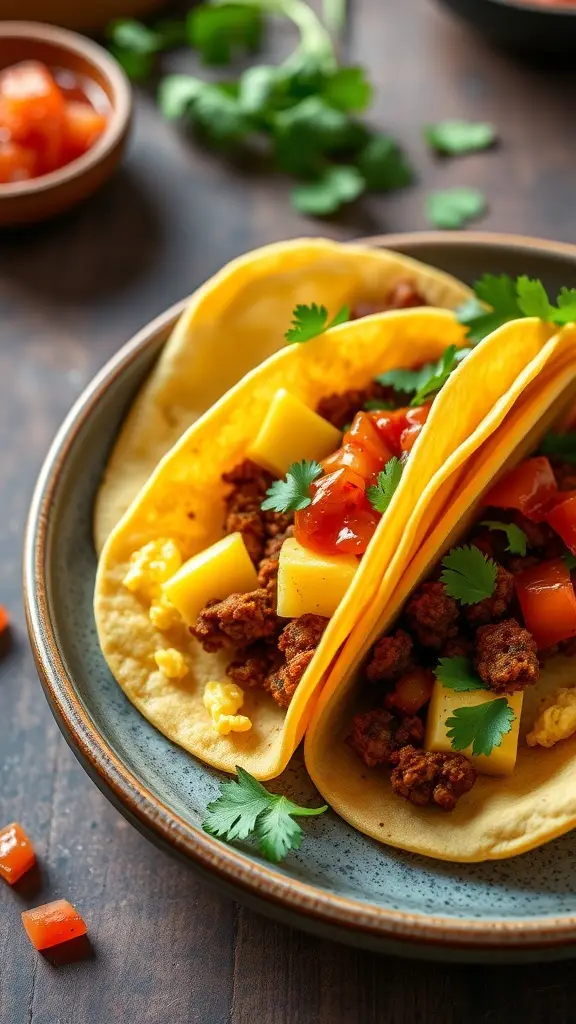Chorizo and egg breakfast tacos with fresh toppings