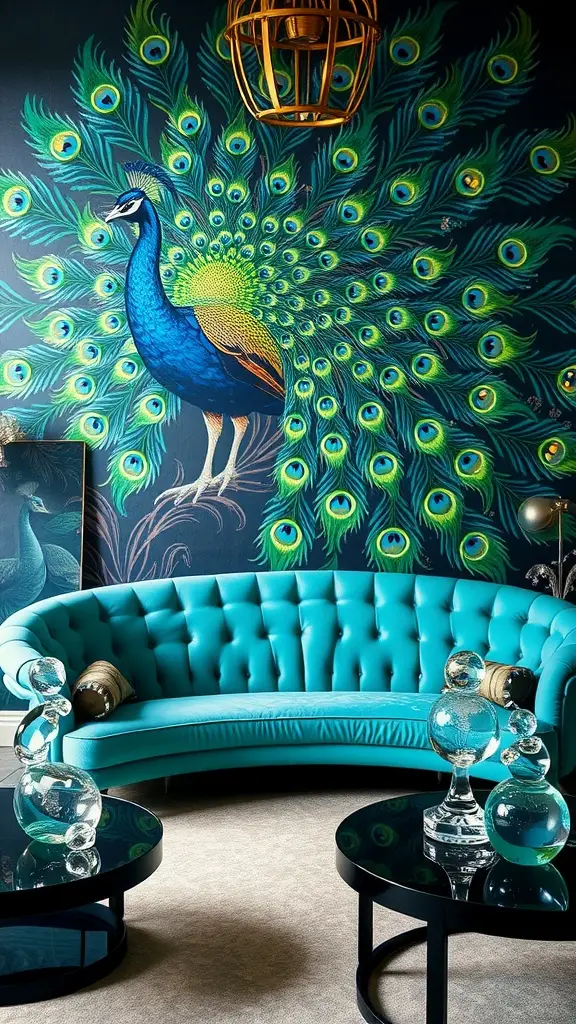 A turquoise peacock couch in front of a peacock mural, with glass decor on black tables.
