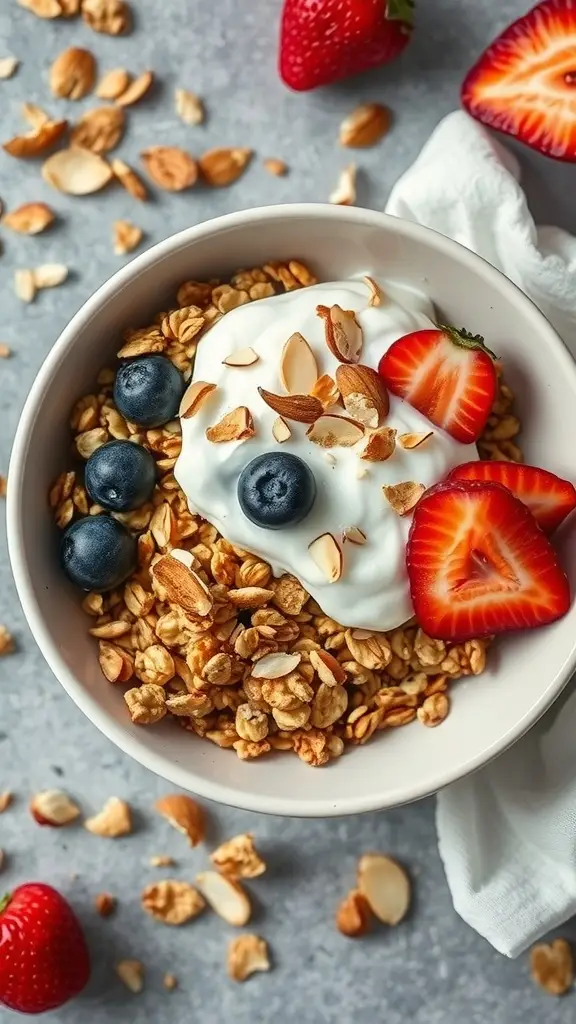 A bowl of toasted coconut and almond granola topped with yogurt and fresh berries.