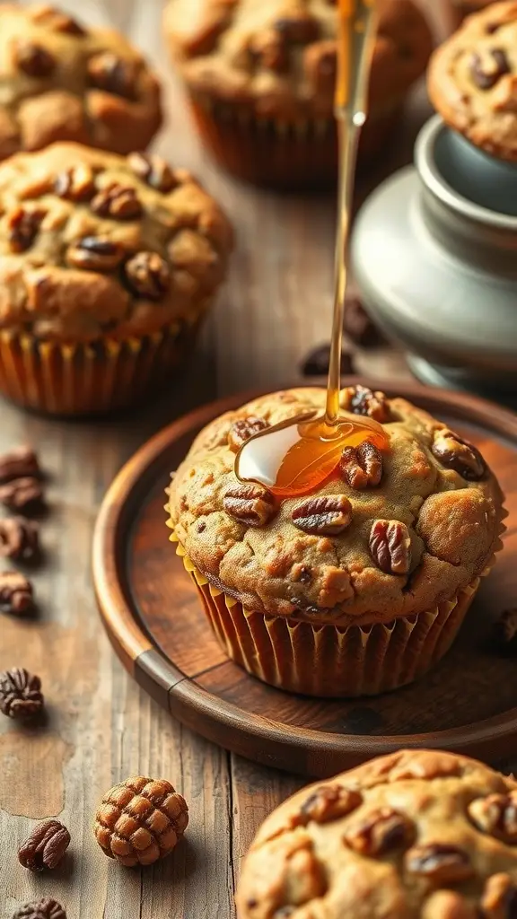 Raisin Bran Muffins with Honey drizzled with honey on top