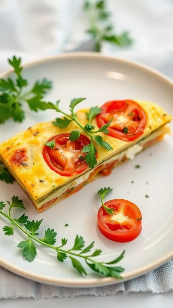 A slice of herbed tomato and feta frittata garnished with fresh herbs on a plate.