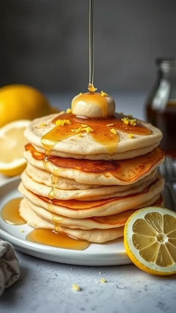 A stack of lemon poppy seed pancakes drizzled with syrup, garnished with lemon zest.