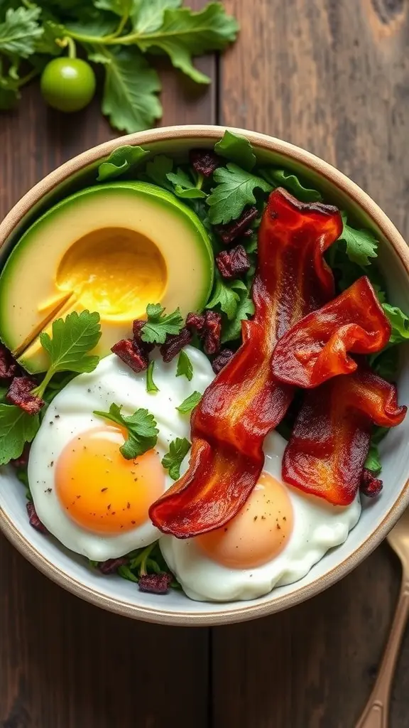 A delicious breakfast bowl featuring bacon, avocado, eggs, and greens.
