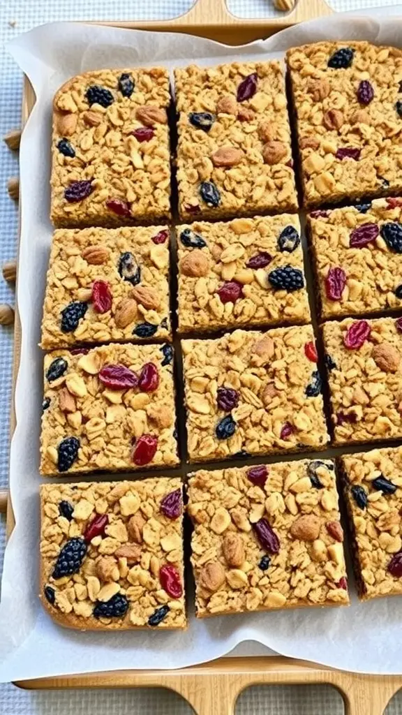 Nutty granola bars with dried fruits arranged in a baking dish