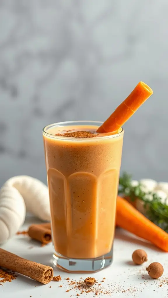 A refreshing carrot cake breakfast smoothie in a glass, garnished with a carrot stick and surrounded by cinnamon sticks and fresh carrots.