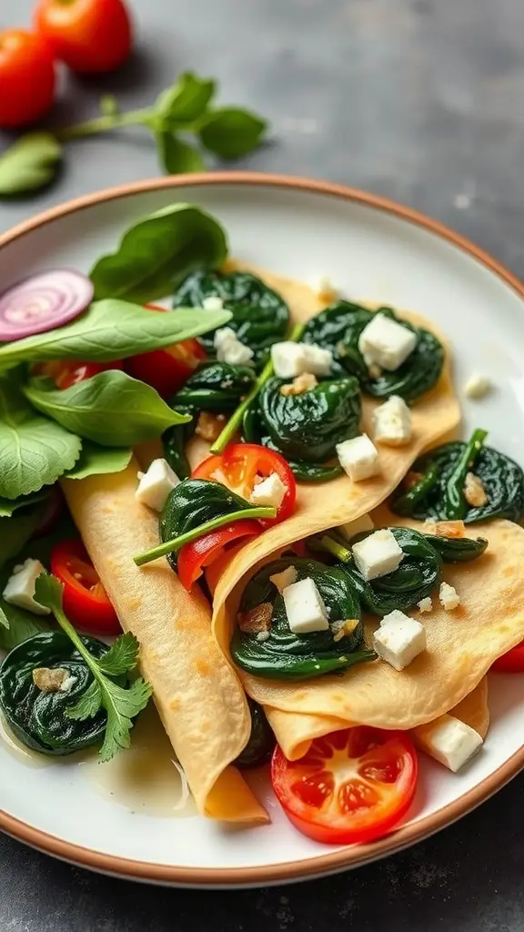 Savory spinach and feta crepes served with fresh vegetables