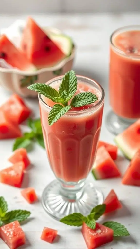 A refreshing watermelon mint cooler smoothie in a glass, garnished with mint leaves, surrounded by watermelon cubes.