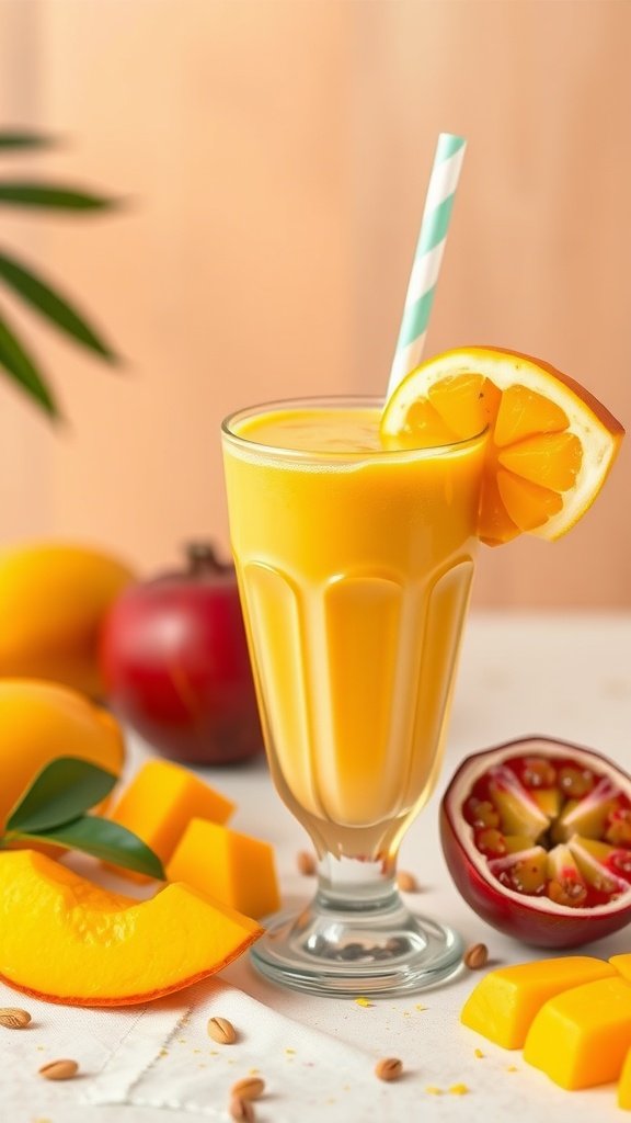 A glass of Tropical Mango Passionfruit Smoothie with a slice of mango and a straw