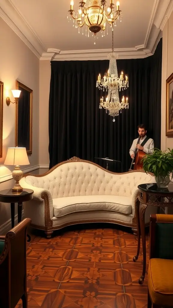 An elegant oyster velvet couch in a vintage styled room with a chandelier and a musician in the background.