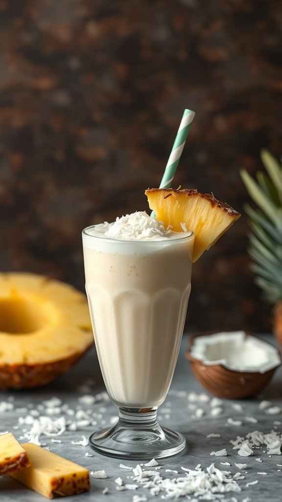 A refreshing Pineapple Coconut Cream Smoothie in a glass, garnished with a slice of pineapple and shredded coconut.