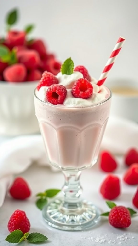A delicious Raspberry Vanilla Smoothie in a glass, topped with fresh raspberries and a mint leaf.