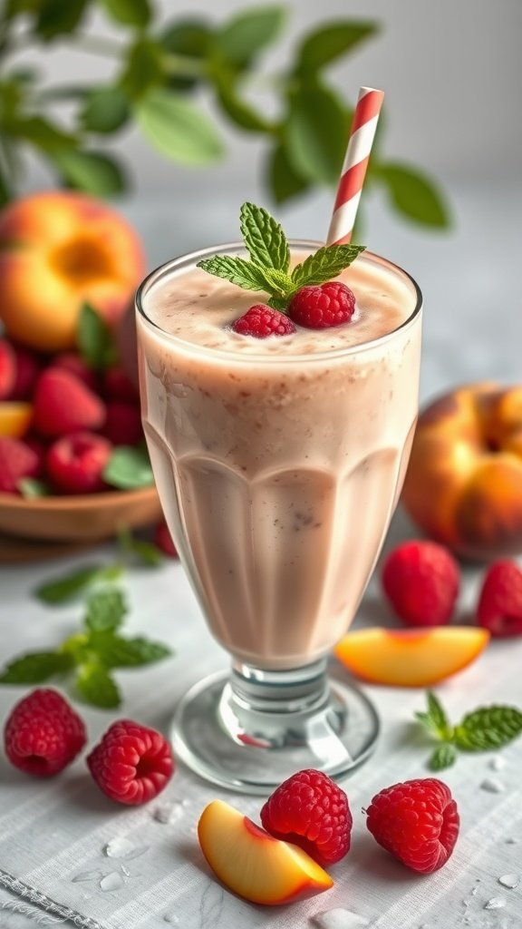 A refreshing Peach Melba Smoothie with almond milk, garnished with raspberries and mint.