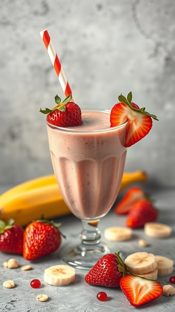 A classic strawberry banana smoothie with a twist, garnished with fresh strawberries and a straw.