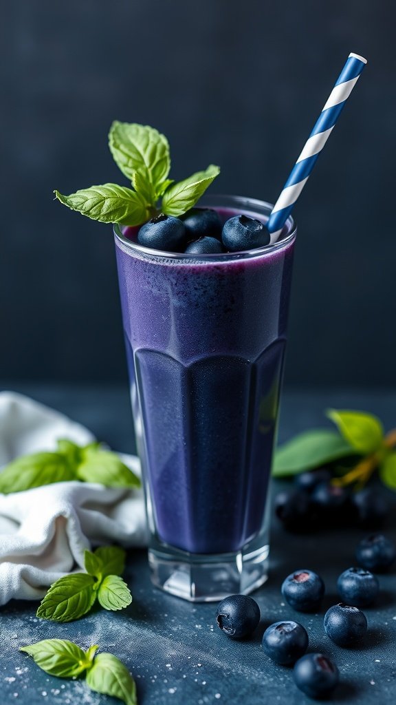 A refreshing blueberry basil smoothie in a tall glass with a striped straw, garnished with fresh blueberries and basil leaves.