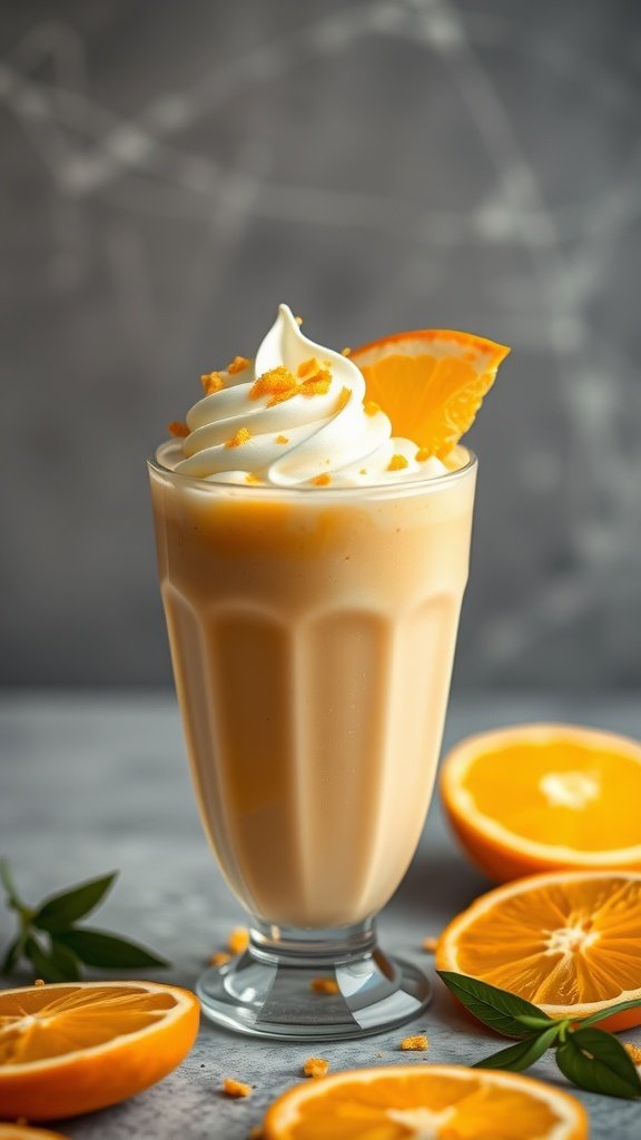 A refreshing Orange Creamsicle Smoothie topped with whipped cream and an orange slice, surrounded by fresh orange halves.