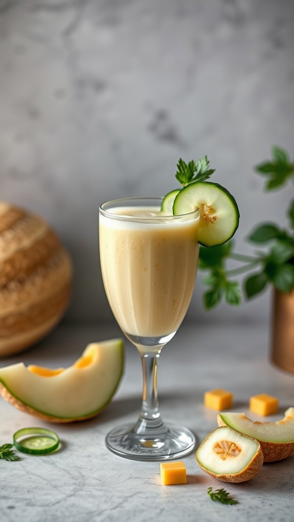 A refreshing cucumber melon smoothie in a glass, garnished with cucumber slices and mint leaves, surrounded by fresh melon and cucumber pieces.
