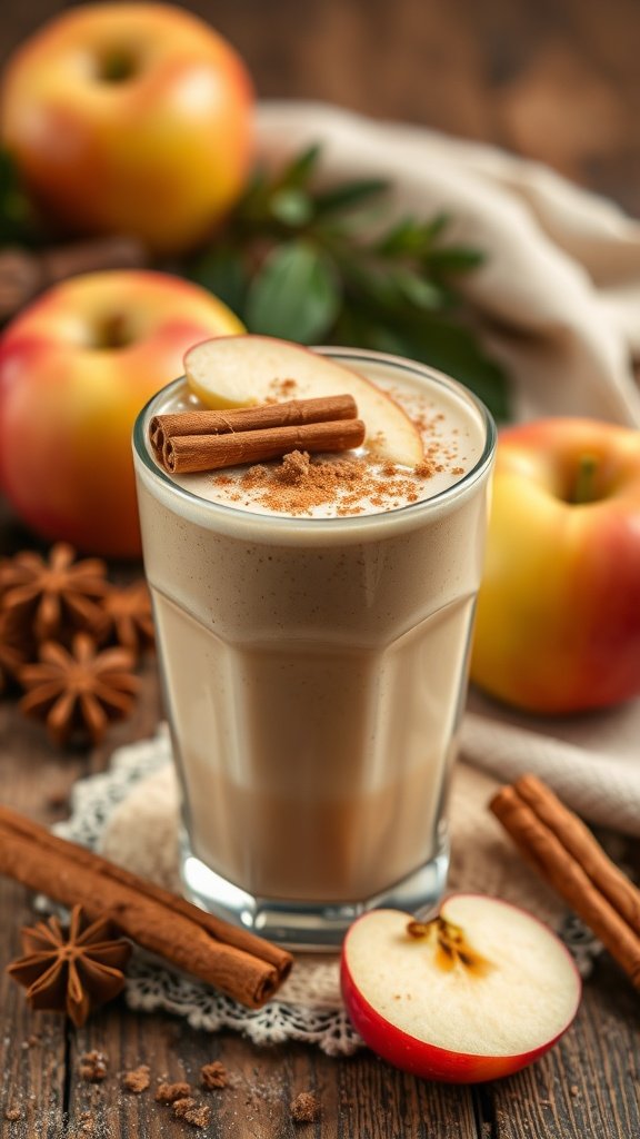 A glass of spiced apple cinnamon smoothie surrounded by fresh apples and cinnamon sticks.